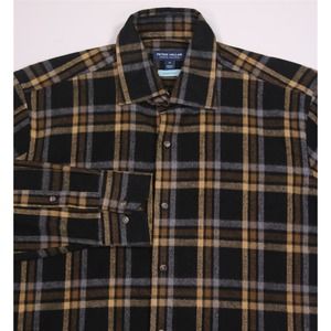Peter Millar Black and Gold Plaid Casual Button Down Shirt